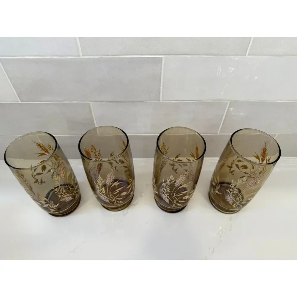 Vintage Anchor Hocking‎ Triguba Tawny Drinking Glass Wheat Design Set 4 Tumbler